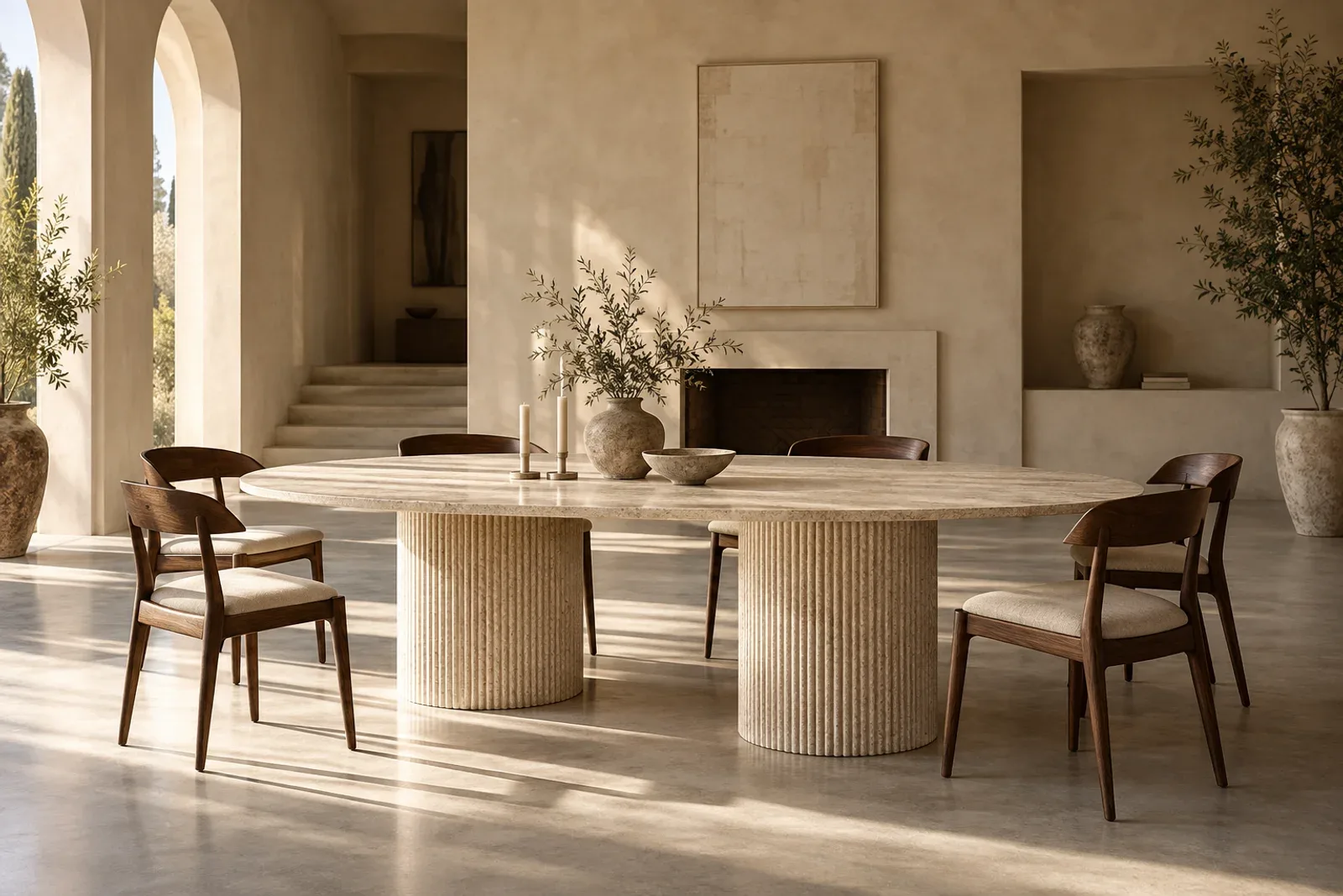Travertine table and walnut chairs in a sunlit architectural dining room